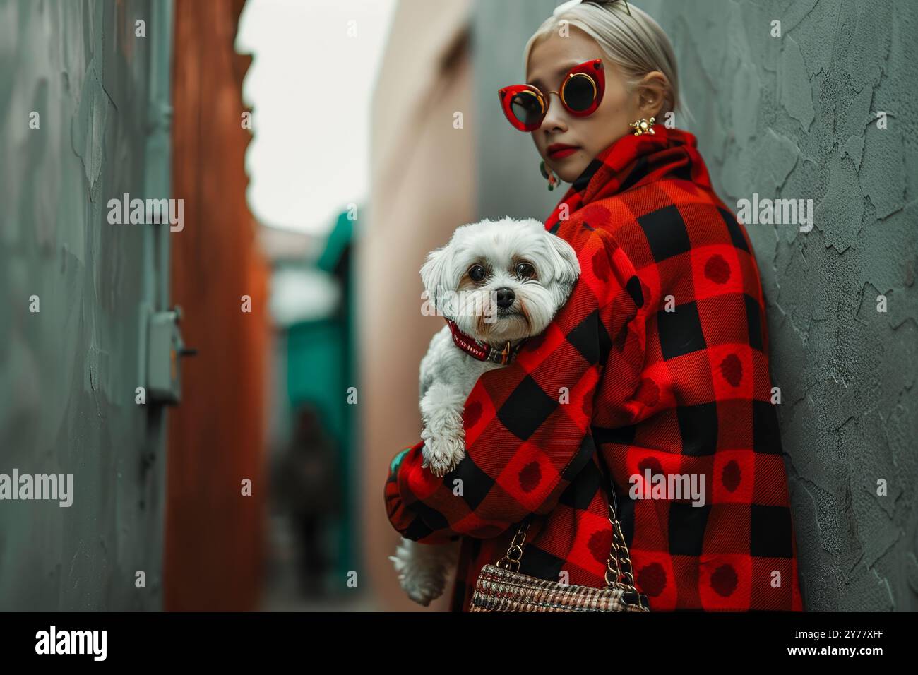 Foto alla moda urbana con un cane felice in uno stile colorato e ultra realistico Foto Stock