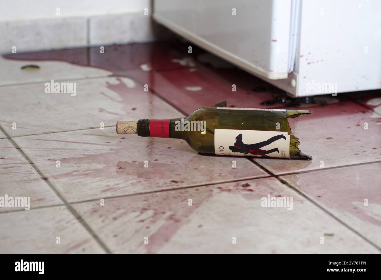 Bottiglia di vetro, rotta, vino rosso, piastrelle, sporco, rosso, Una bottiglia di vino rosso è caduta sul pavimento. Frammenti di bicchiere e vino sono sparsi sulla cucina flo Foto Stock