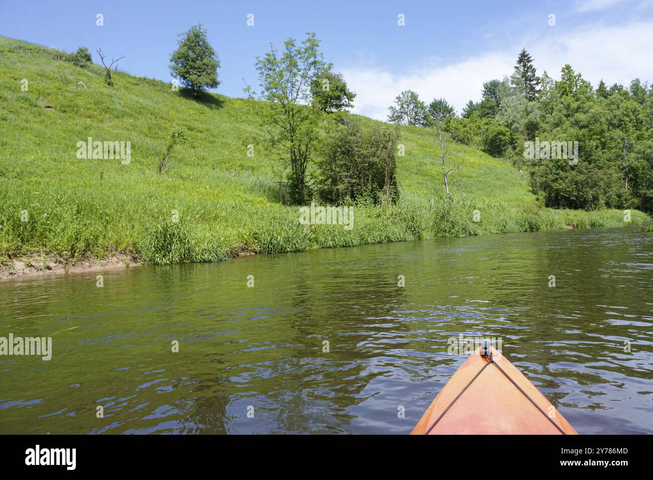 Vacanze estive sull'acqua, kayak su un fiume tranquillo Foto Stock