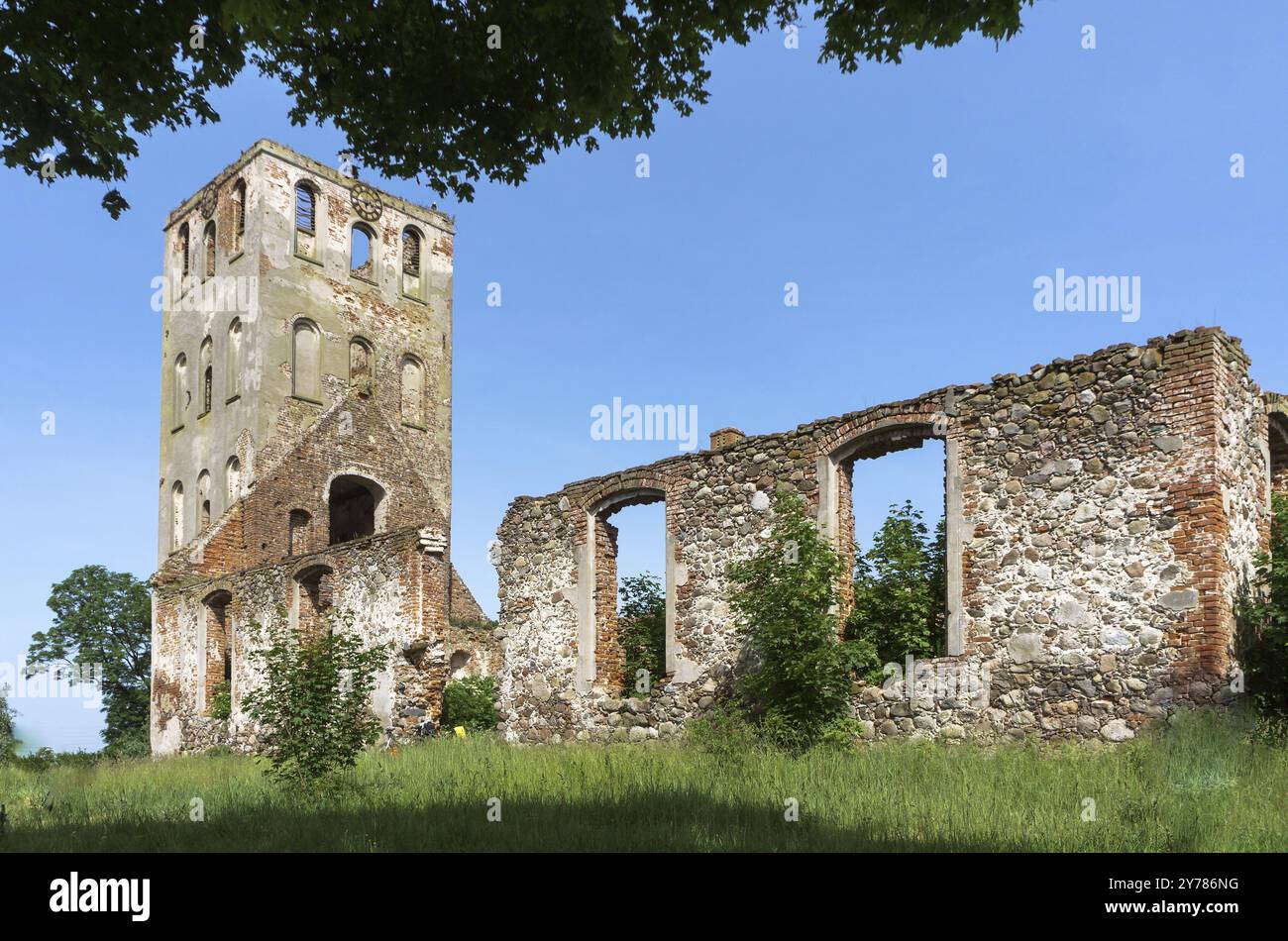 Chiesa di pietra a Yoneykishken. Rovine della Chiesa prussiana. Russia, regione di Kaliningrad, distretto di Slavsky, villaggio di Timiryazevo, 12 giugno, 2020 Foto Stock