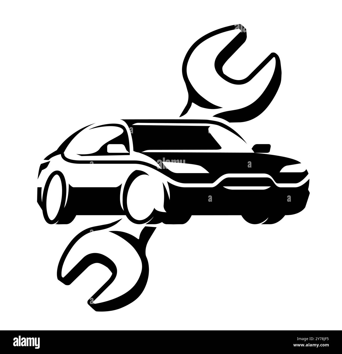 Emblema o logo per la riparazione di auto. Simbolo della chiave per auto e meccanici. Illustrazione vettoriale Illustrazione Vettoriale