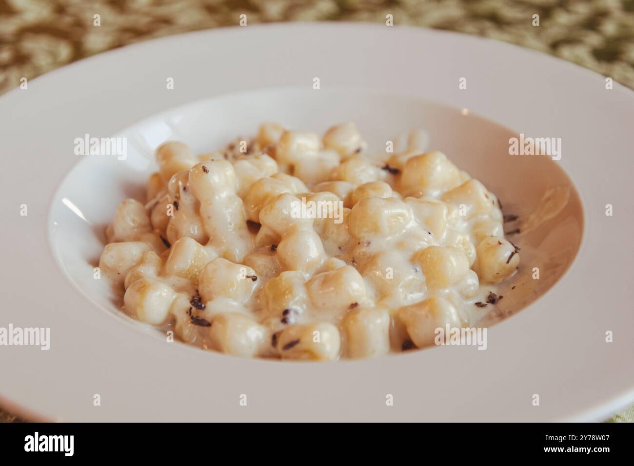 Gli gnocchi al Castelmagno sono una ricetta così succulenta e preziosa. Il re dei formaggi insieme agli gnocchi di "nonna". Foto Stock