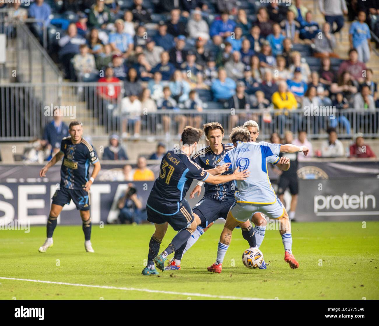 Chester, Pennsylvania, Stati Uniti. 28 settembre 2024. Giocatori dei Philadelphia Union in azione contro i giocatori degli Atlanta United FC durante la partita al Subaru Park di Chester PA (Credit Image: © Ricky Fitchett/ZUMA Press Wire) SOLO PER USO EDITORIALE! Non per USO commerciale! Crediti: ZUMA Press, Inc./Alamy Live News Foto Stock