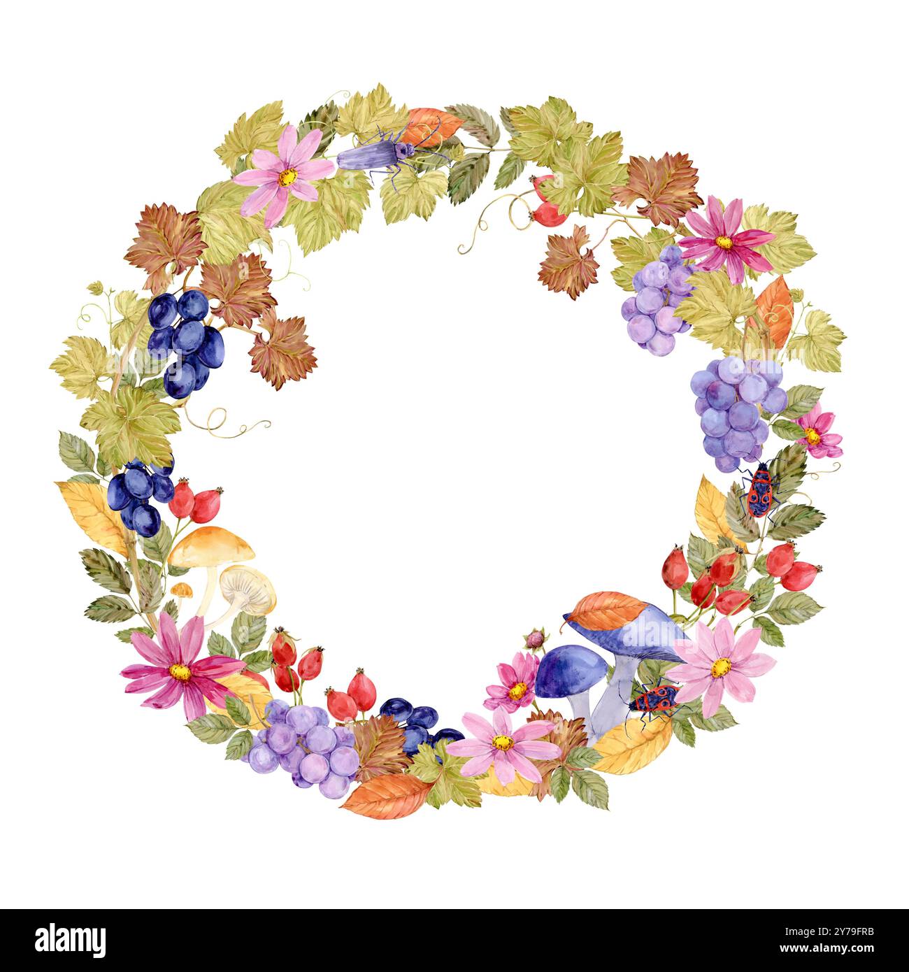 Corona natalizia autunnale con frutti di bosco e funghi autunnali. Illustrazione ad acquerello in stile vintage. Decorazione della vite. Telaio rotondo per matrimoni, harv Foto Stock