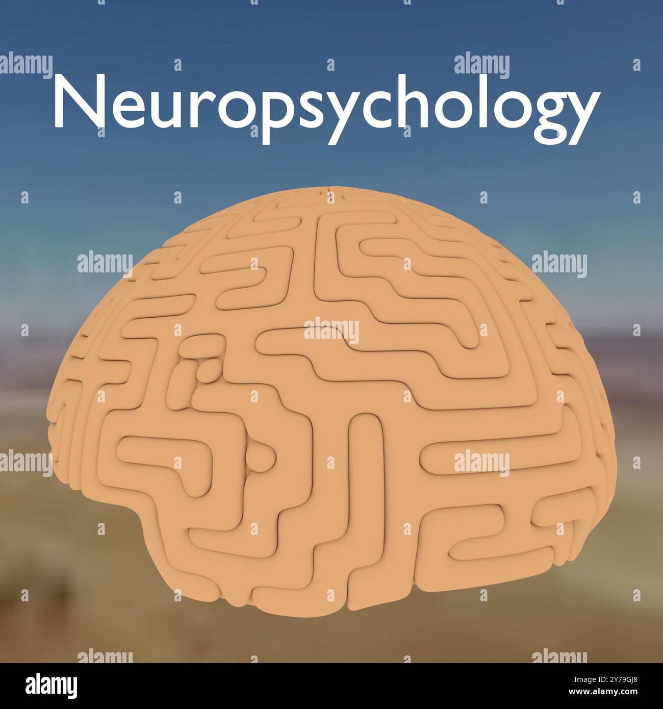 Illustrazione 3D di un cervello umano, intitolata Neuropsicologia. Foto Stock