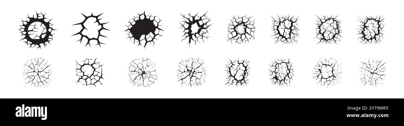 Sagome nere di crepe isolate su sfondo bianco. Concetto di frattura, danno, superficie rotta, forme astratte. Stampa, icona, elementi di disegno. Illustrazione Vettoriale