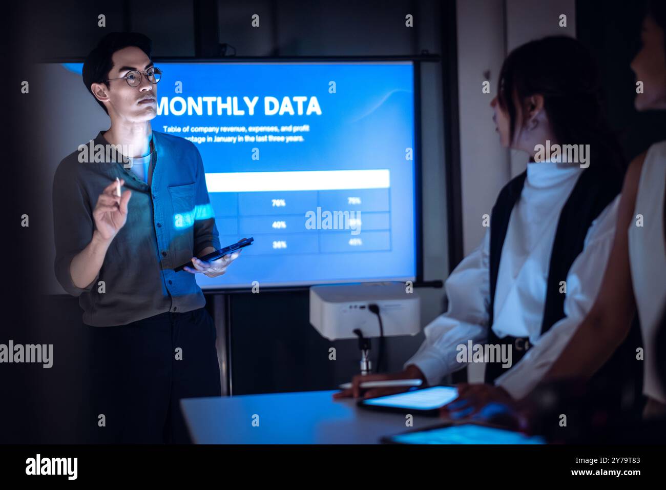 leader asiatico presenta presentazioni aziendali in un ufficio poco illuminato, analizzando grafici finanziari e proiezioni di dati su uno schermo Foto Stock