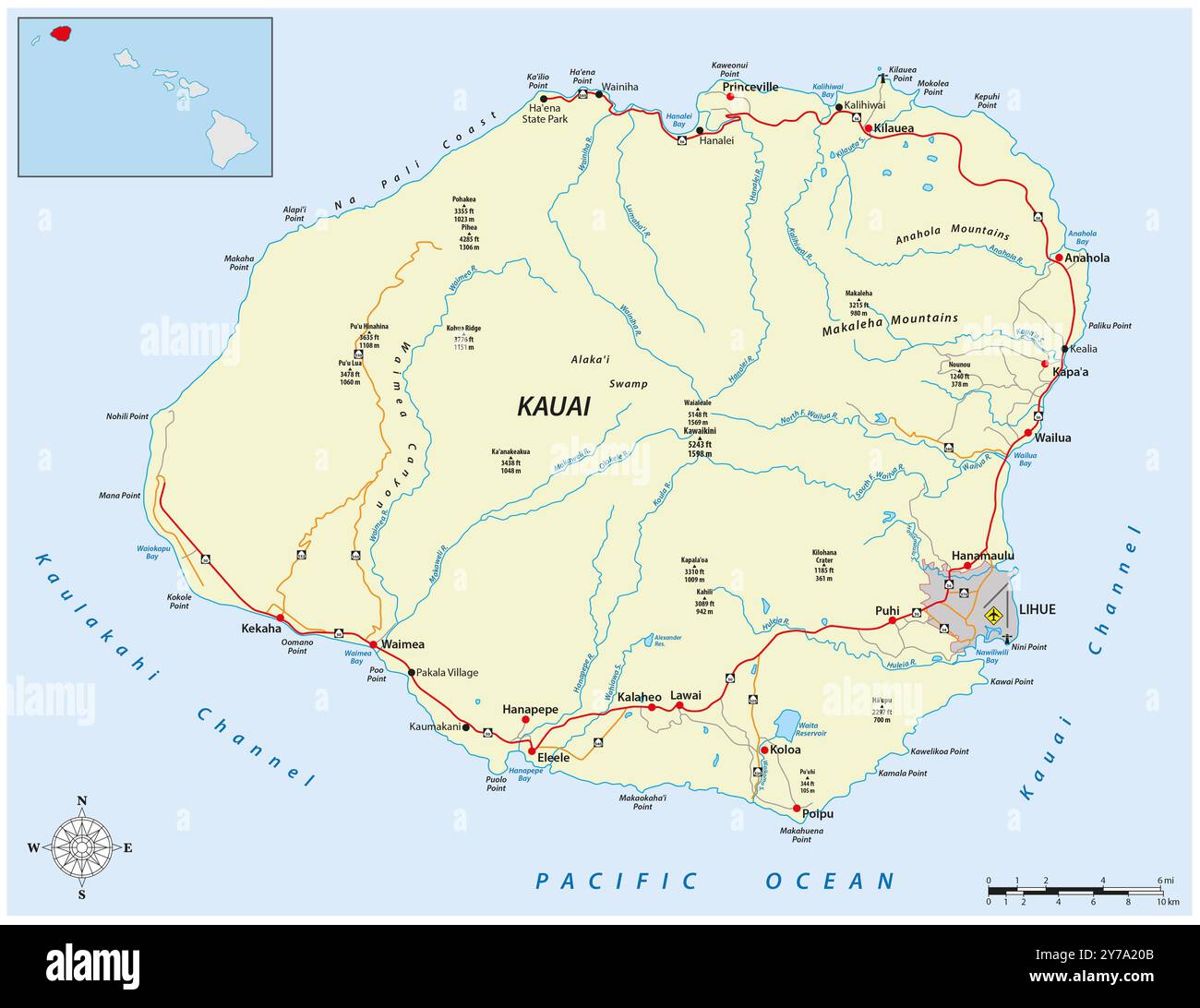 Mappa stradale dell'isola hawaiana di kauai, stati uniti Foto Stock