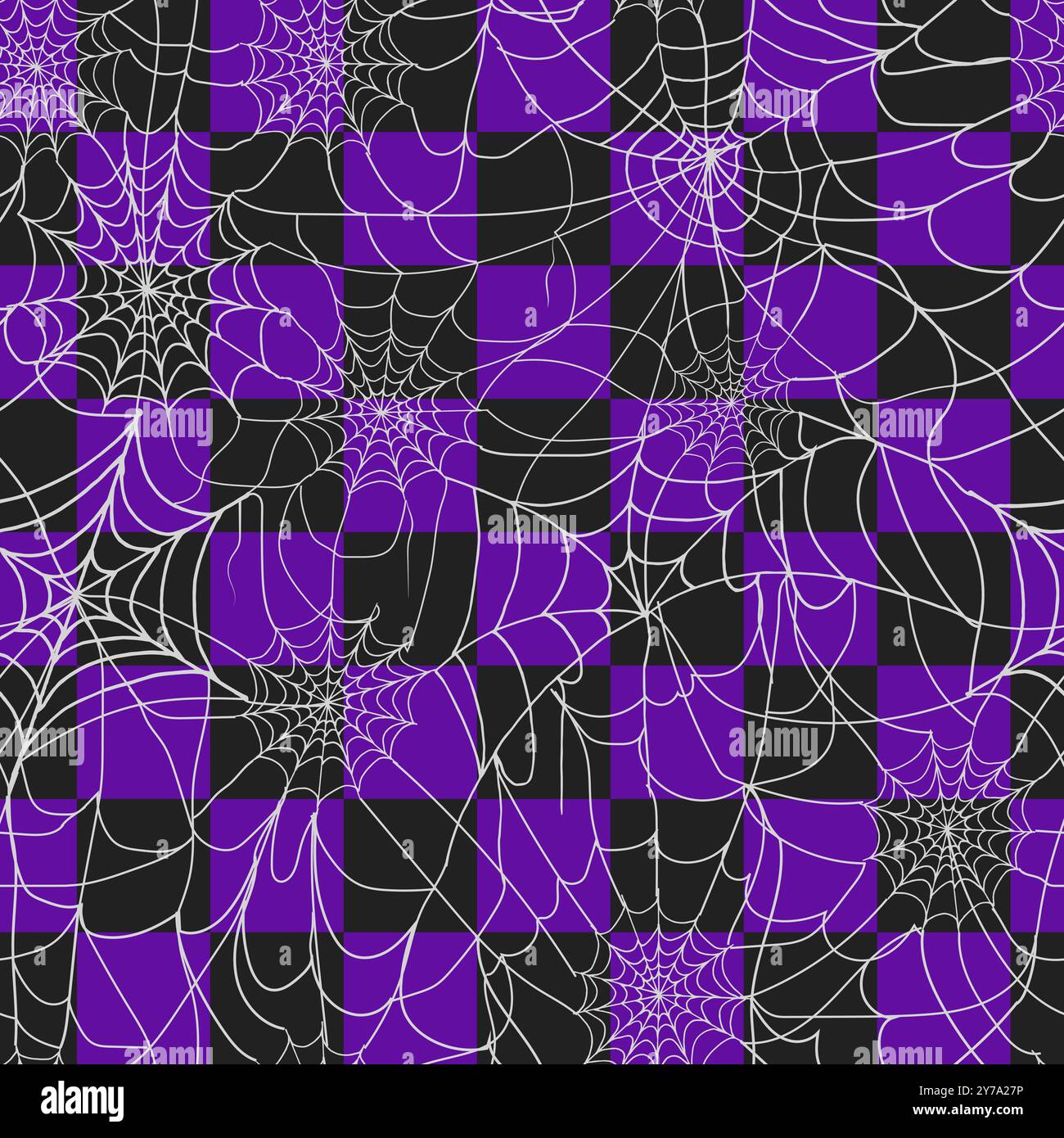 Halloween a scacchi. Carta da parati nera e viola psichedelica con ragnatela. Sfondo scanalato. Illustrazione vettoriale retrò in stile Y2K Illustrazione Vettoriale