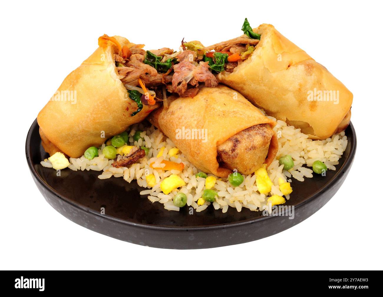 Carne d'anatra tritata e involtini primavera ripieni di verdure con riso fritto all'uovo isolato su sfondo bianco Foto Stock
