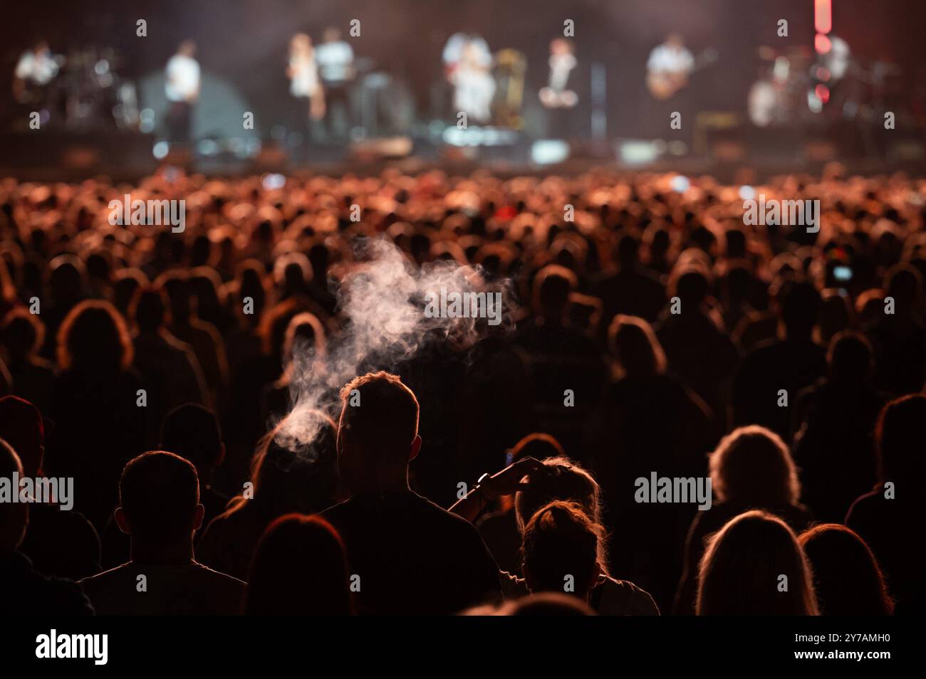 Folla di persone davanti al palco durante il concerto. Foto Stock