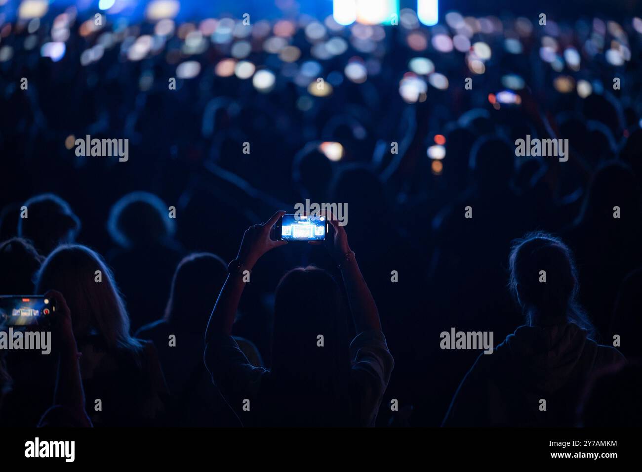 Folla di persone davanti al palco durante il concerto. Foto Stock