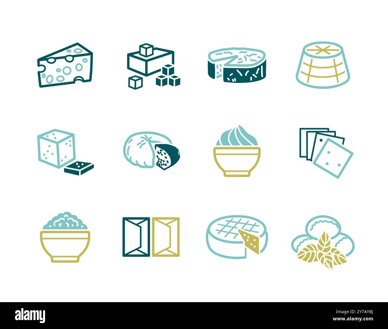 Set di icone del formaggio vettoriale. Cartello prodotti lattiero-caseari. Simbolo grafico per la progettazione di siti Web e app per cucinare, logo, app, interfaccia utente Illustrazione Vettoriale