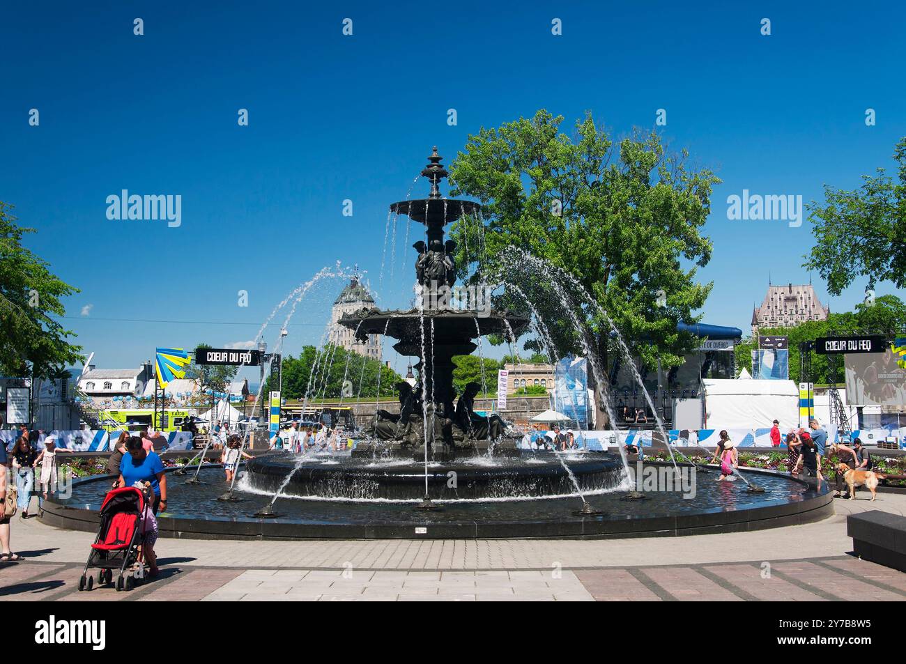 Quebec City, Canada. 7 luglio 2019. Il punto di riferimento, Fontaine de Tourny, fontana nella città di Quebec in Canada. Foto Stock