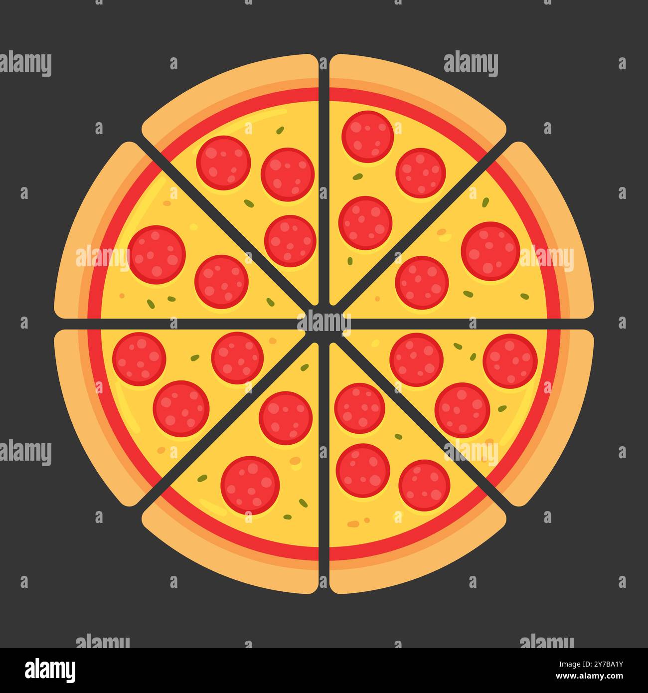 Pizza al peperoni tagliata in otto fette. Illustrazione vettoriale cartoni animati. Illustrazione Vettoriale