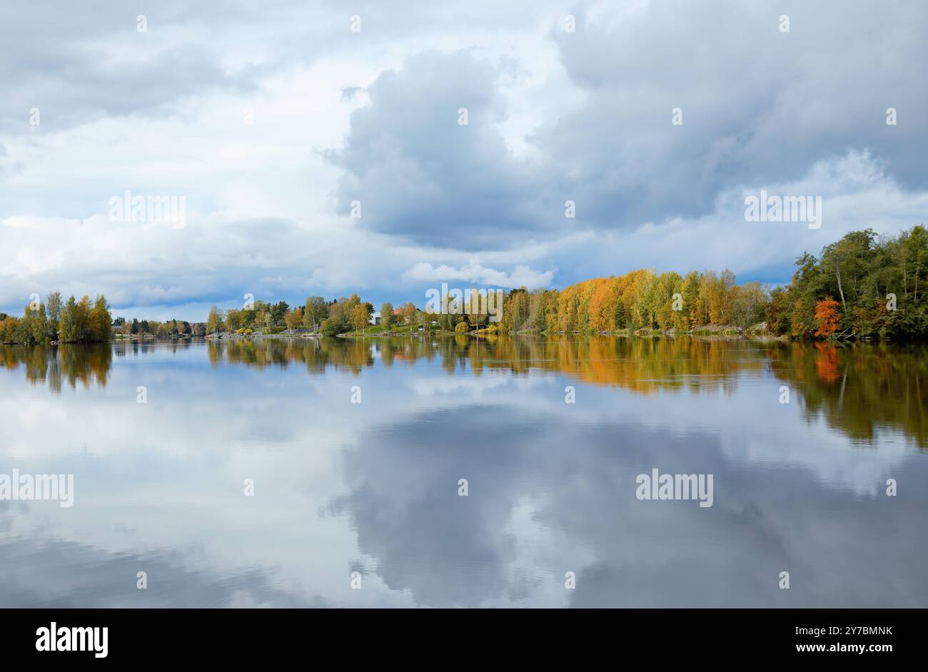 Paesaggio autunnale con alberi giallastri e acque calme di un fiume Foto Stock