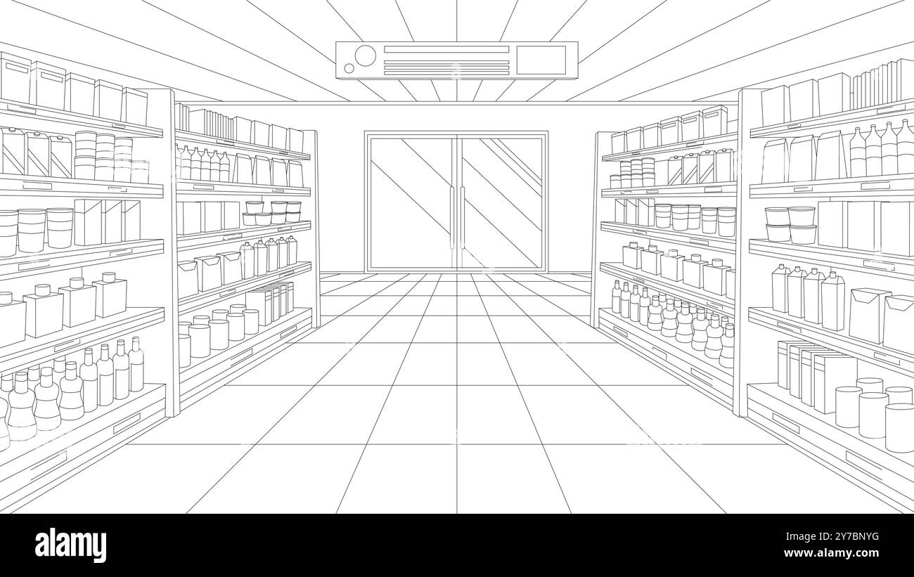 Illustrazione vettoriale di uno schizzo prospettico dell'interno di un moderno supermercato vuoto con scaffali organizzati e corsie chiare. Rappresenta lo spazio retail, lo shopping o il layout del punto vendita in ambienti commerciali. Illustrazione Vettoriale