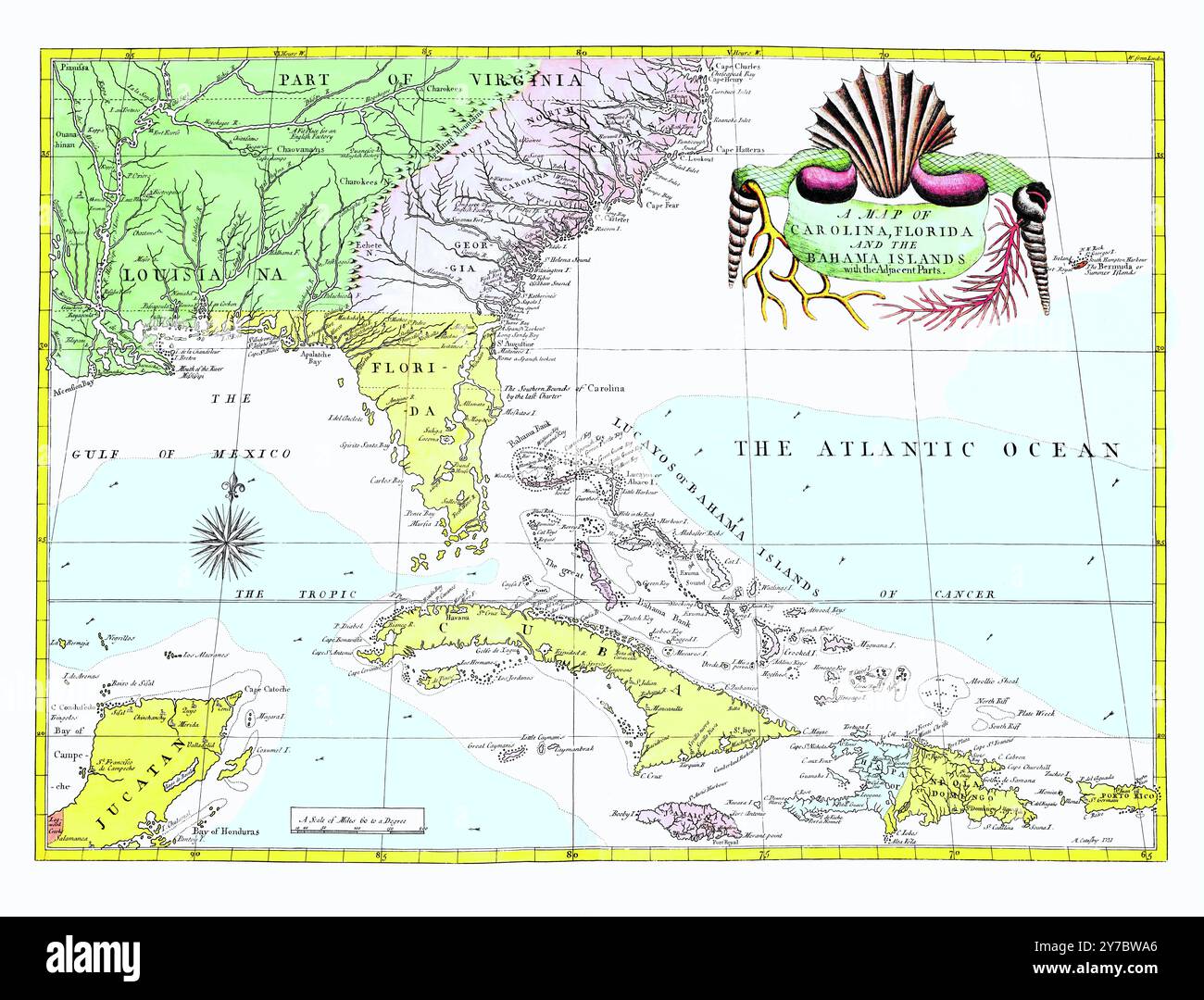 Cartina di Florida, Carolina, Bahamas. Catesby, Mark. 1754 Foto Stock