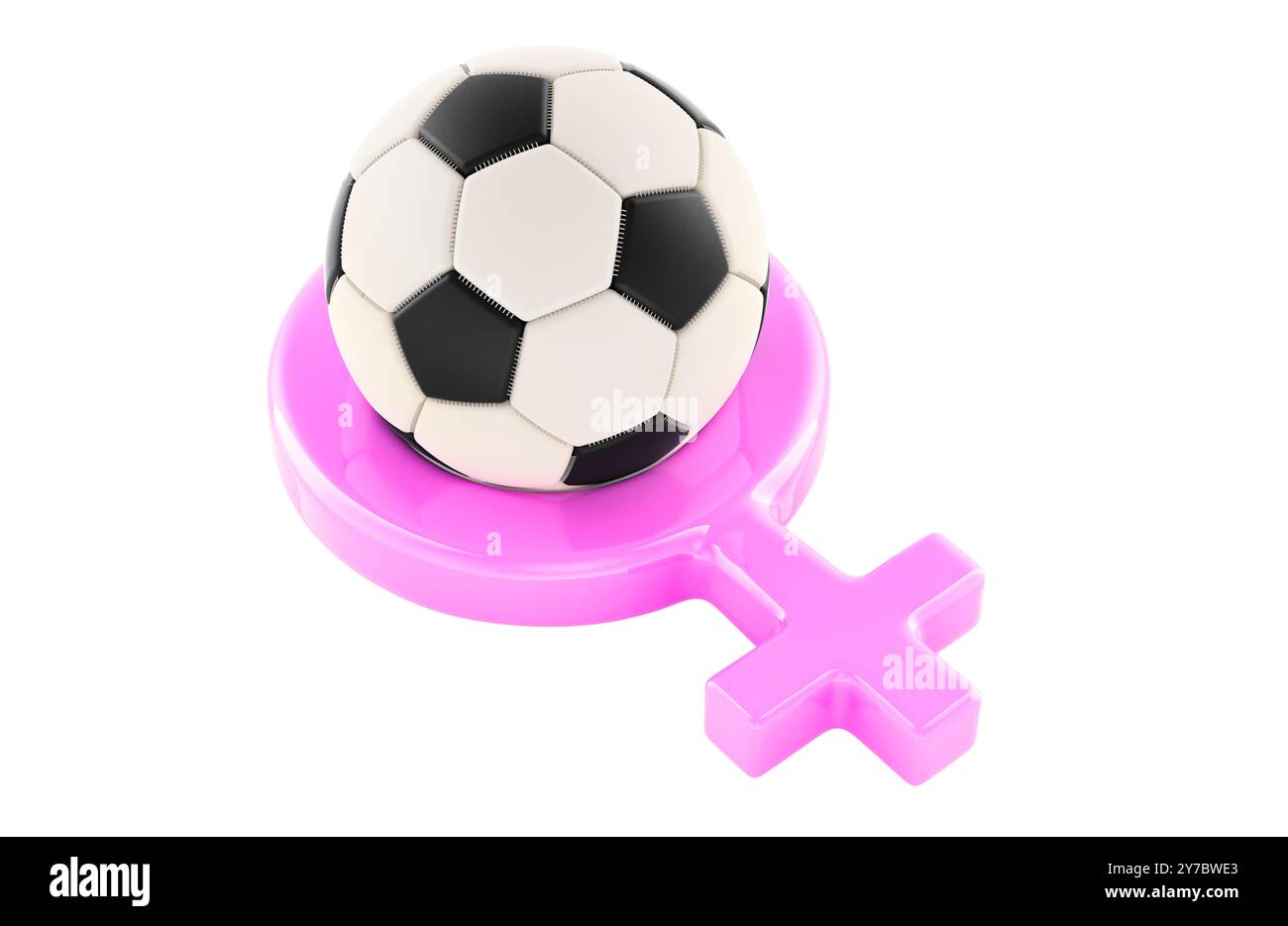 Simbolo di genere femminile con pallone da calcio. Football femminile, concetto. Rendering 3D isolato su sfondo bianco Foto Stock