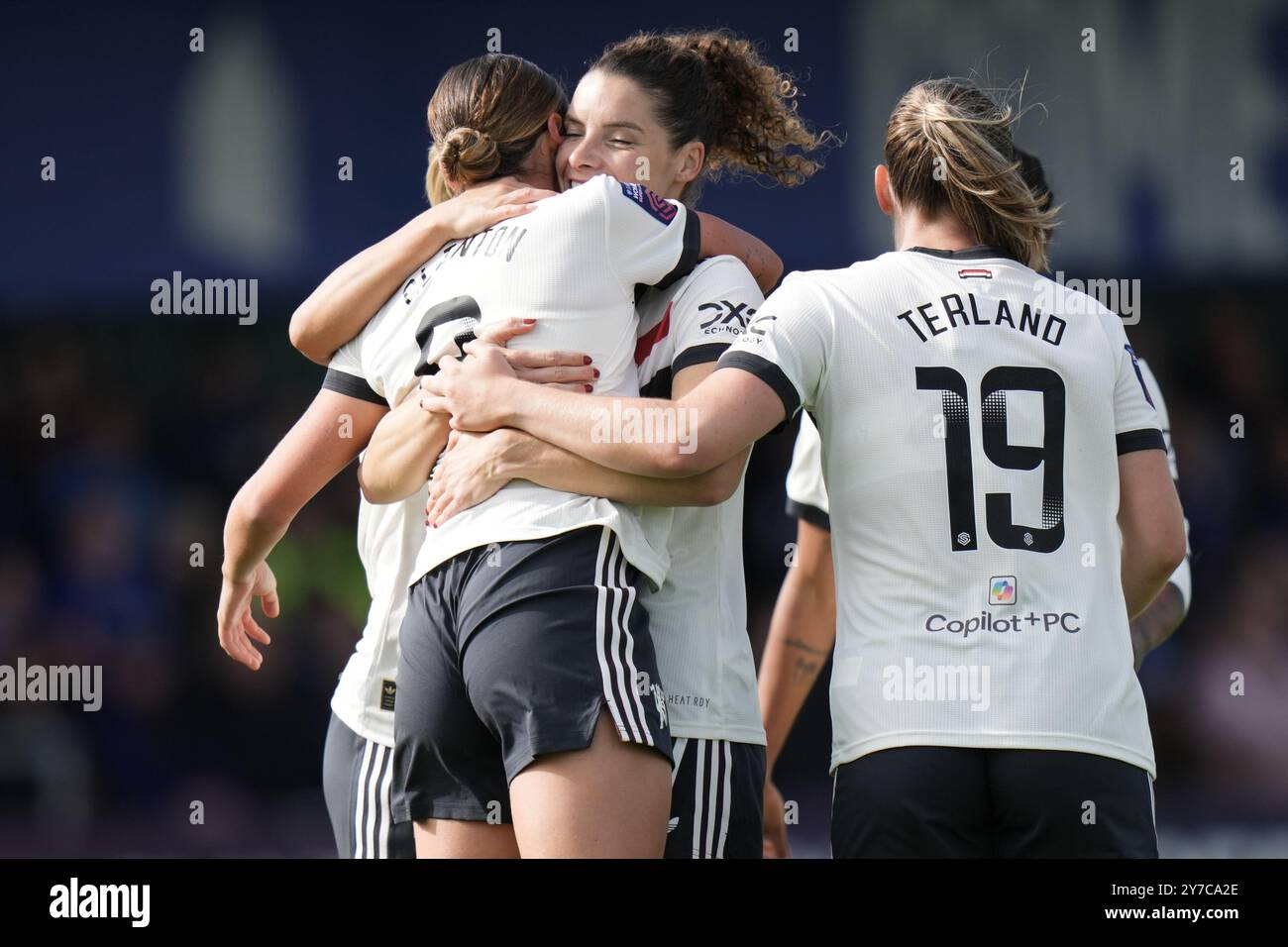 Liverpool, Regno Unito. 29 settembre 2024. Everton FC vs Manchester Utd FC Barclays Womens Super League. WALTON HALL PARK STADIUM, INGHILTERRA - 30 SETTEMBRE 2024 l'uomo Utd celebra dopo aver segnato durante la partita di Super League femminile di Barclays tra l'Everton FC e il Bristol City FC al Walton Hall Park Stadium il 30 settembre 2024 a Liverpool Inghilterra ( credito: ALAN EDWARDS/Alamy Live News Foto Stock