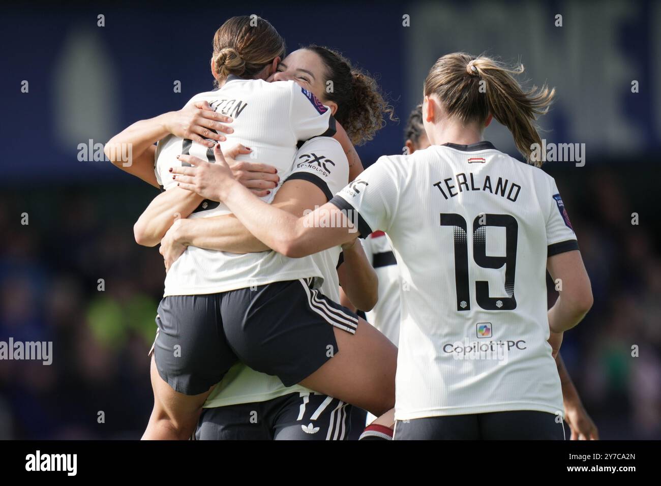 Liverpool, Regno Unito. 29 settembre 2024. Everton FC vs Manchester Utd FC Barclays Womens Super League. WALTON HALL PARK STADIUM, INGHILTERRA - 30 SETTEMBRE 2024 l'uomo Utd celebra dopo aver segnato durante la partita di Super League femminile di Barclays tra l'Everton FC e il Bristol City FC al Walton Hall Park Stadium il 30 settembre 2024 a Liverpool Inghilterra ( credito: ALAN EDWARDS/Alamy Live News Foto Stock