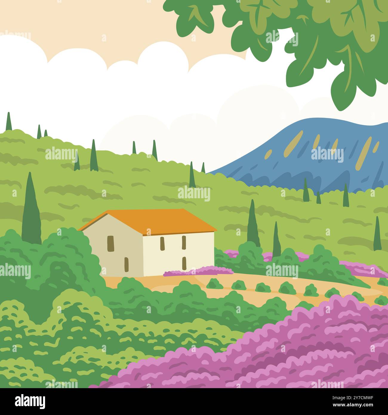 Splendido paesaggio rurale meridionale con natura e casa. Vigneti, cipressi, fiori di lavanda e montagne. Provenza francese. Arte vettoriale i Illustrazione Vettoriale