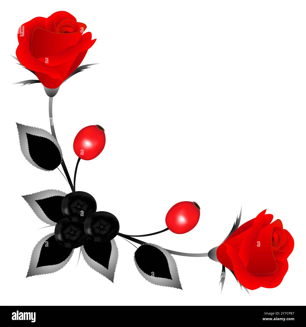 Ornamento angolare con rose rosse e frutti di bosco, elemento di design. Illustrazione Vettoriale