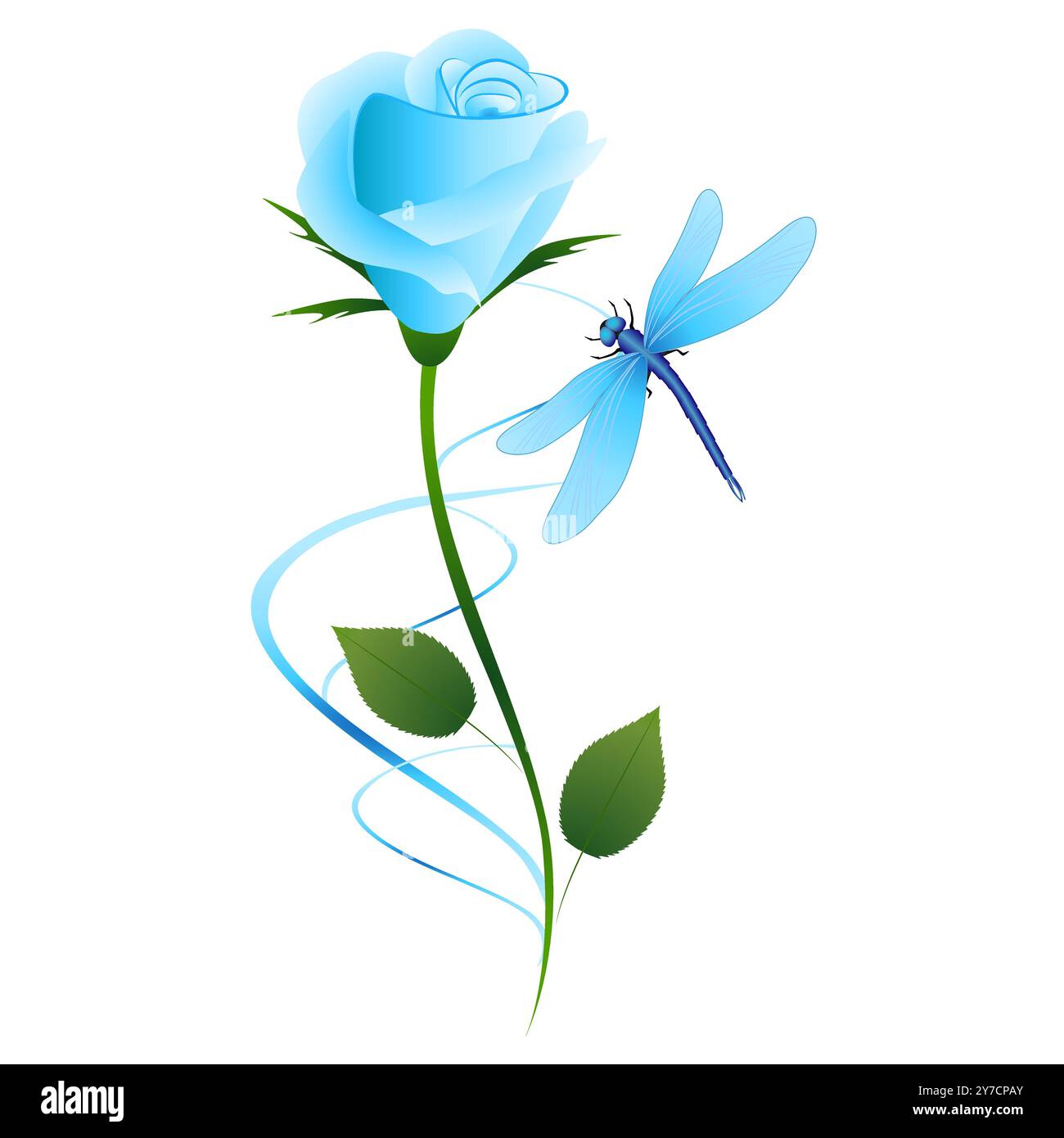 Rosa blu con foglie e libellula, elemento di design. Illustrazione Vettoriale
