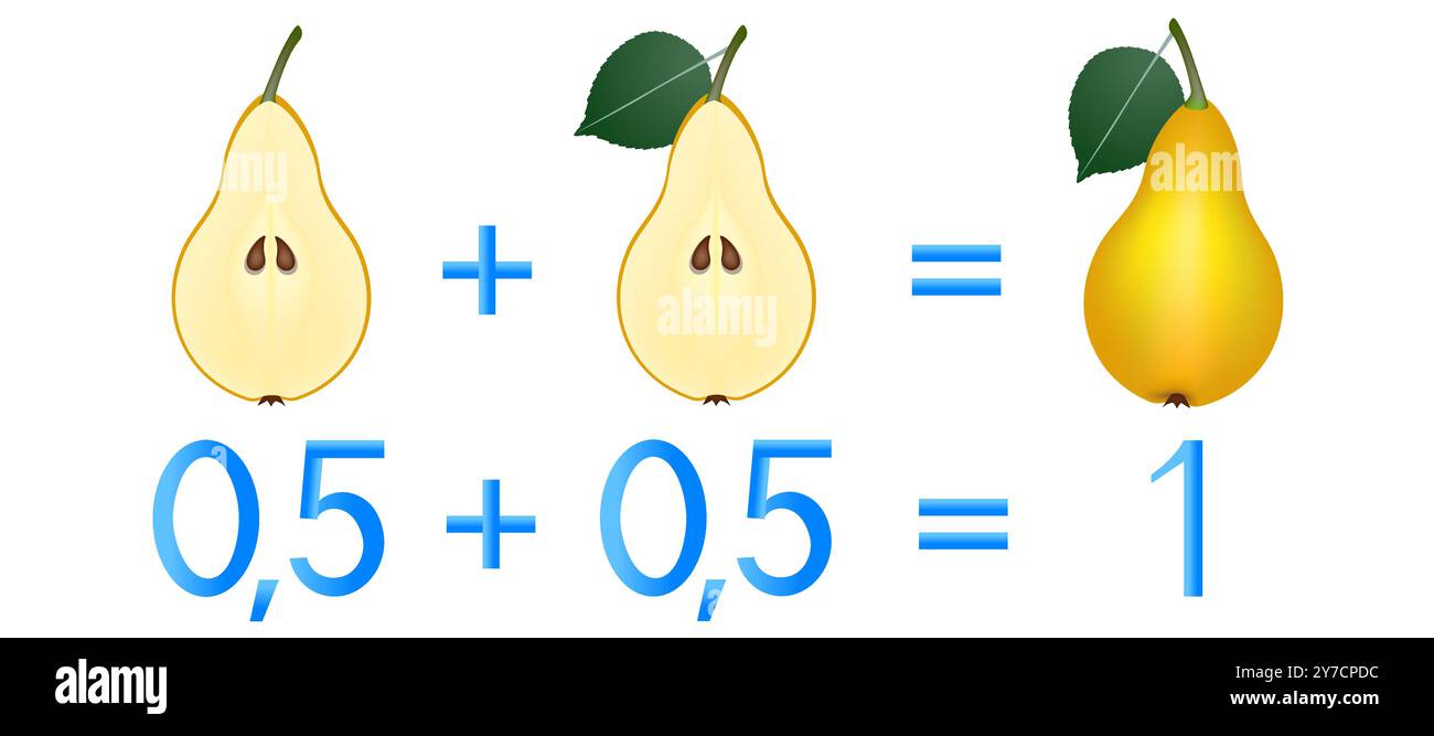 Relazione d'azione delle metà di aggiunta, esempi con le pere. Gioco educativo per bambini. Illustrazione Vettoriale