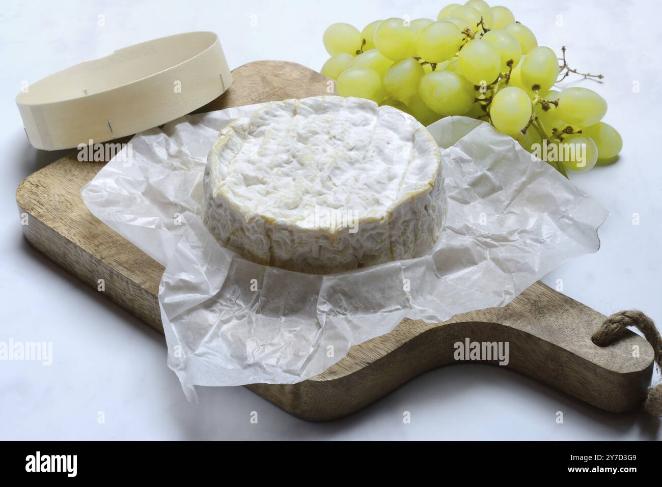 Camembert francese, formaggio su tavola di legno Foto Stock