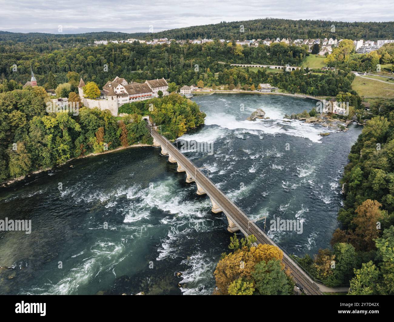 Vista aerea delle cascate del Reno con viadotto ferroviario e castello di Laufen in autunno, Neuhausen, Canton Sciaffusa, Svizzera, Europa Foto Stock