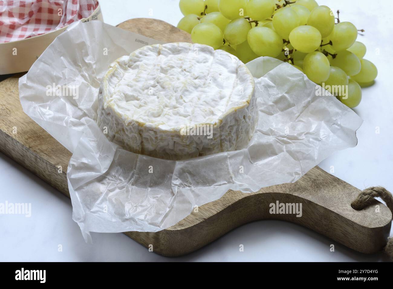 Camembert francese, formaggio su tavola di legno Foto Stock