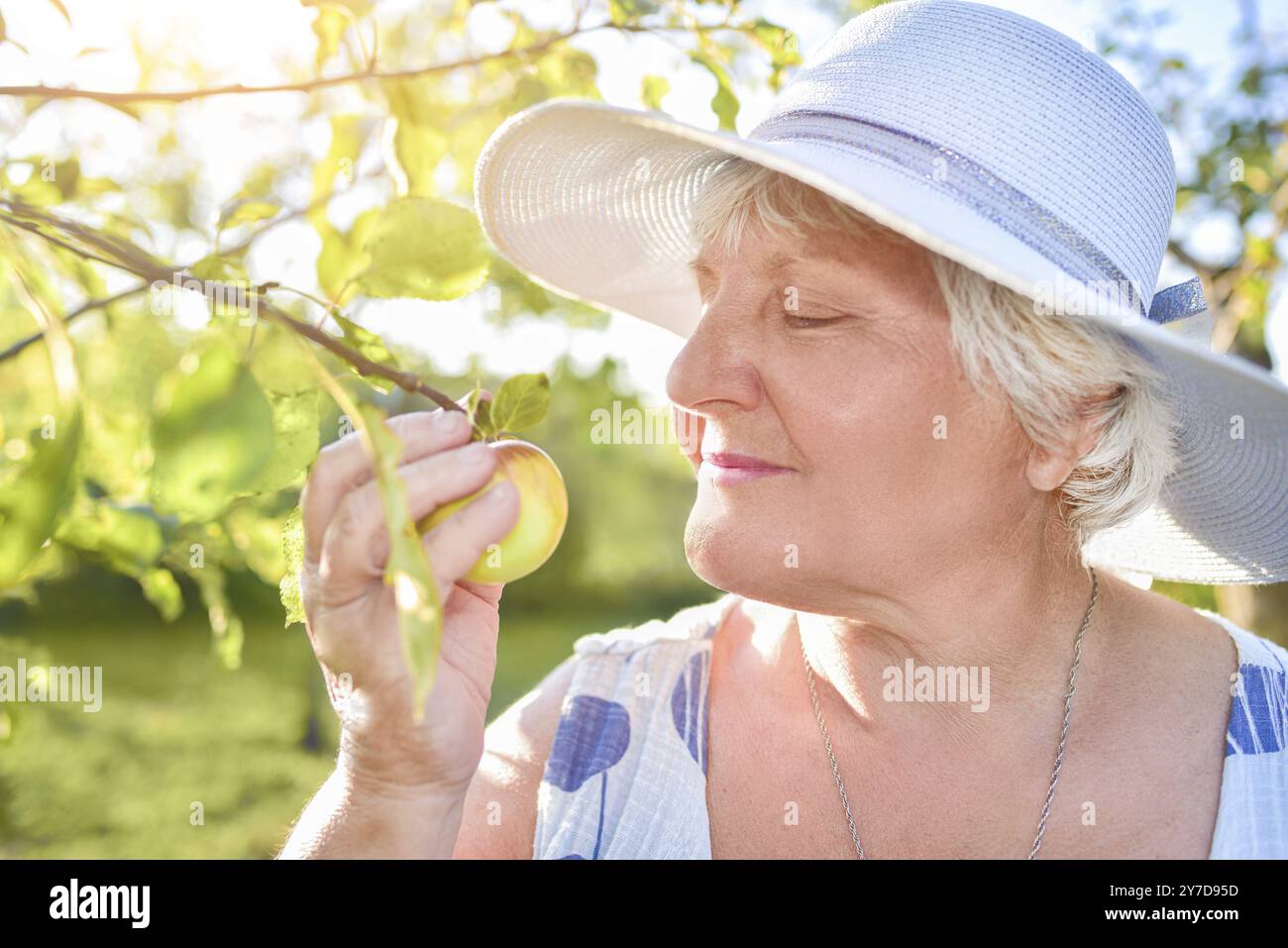 Felice donna anziana fiorire e godere di fiori in giardino sotto l'albero della mela Foto Stock