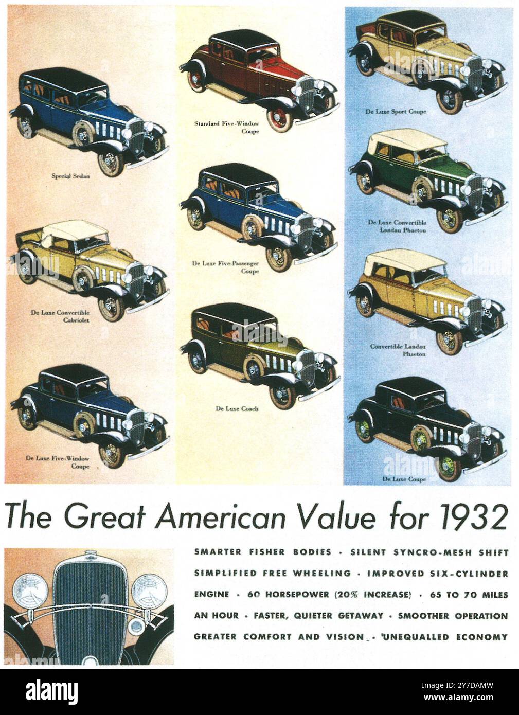 1931 modelli di auto Chevrolet annuncio - "The Great American Value for 1932" Foto Stock
