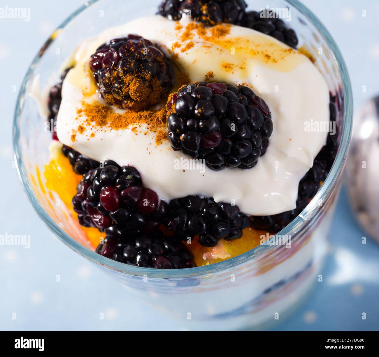 Blackberry e orange yogurt - deliziosi dessert estivo Foto Stock