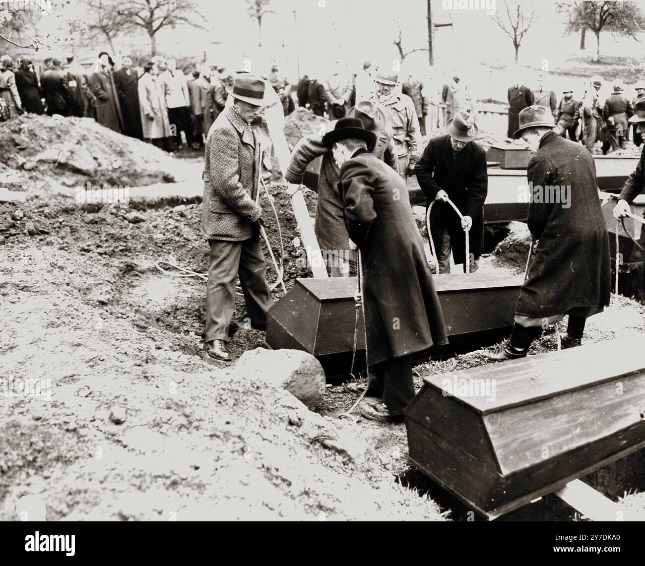 I civili tedeschi di Wilhelmshoehe abbassano una bara in una tomba. La vittima fu uno dei tanti italiani uccisi e sepolti in una fossa comune dalla Gestapo il 31 marzo 1945. Azioni come questa facevano parte del processo di denazificazione. Questo processo fu un tentativo di liberare la cultura e la società tedesca e austriaca dall'influenza e dall'ideologia nazista. Una parte del processo prevedeva di affrontare il pubblico con le prove dei crimini commessi nella loro zona. Foto Stock