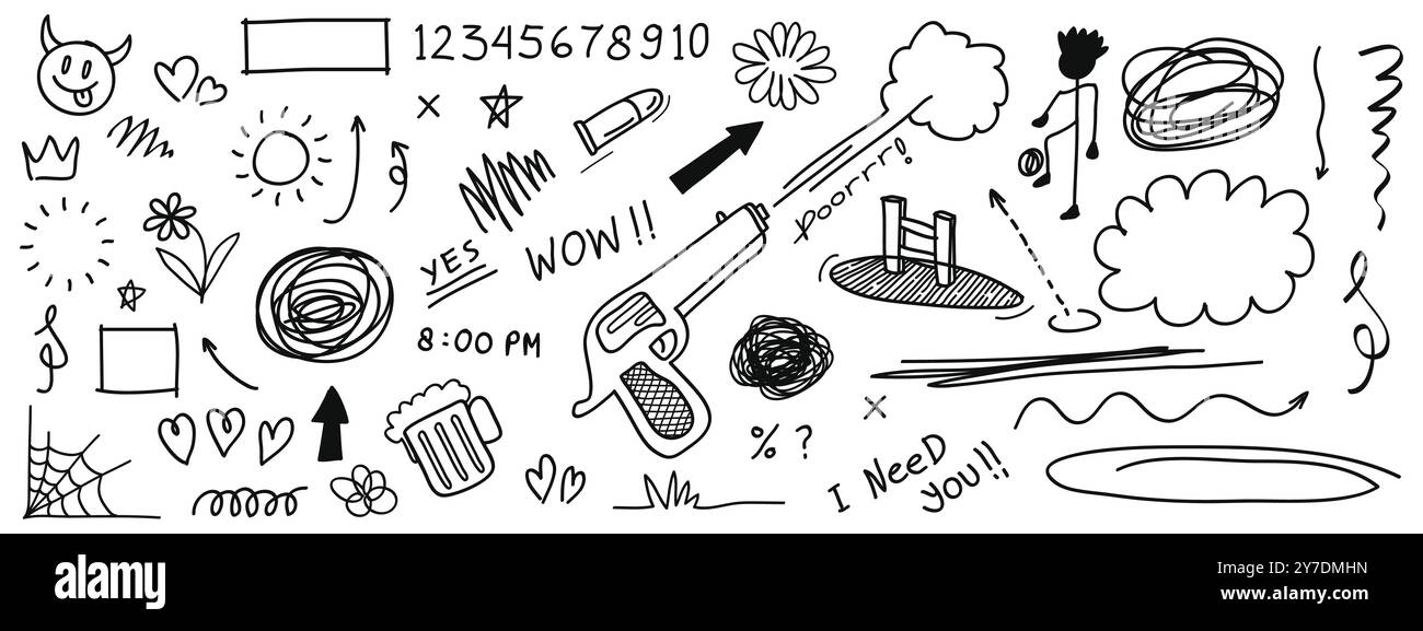 La collezione Doodle grunge disegnata a mano include stampe graffiti, insegne e simboli. Kit doodle Street style. Illustrazione vettoriale Illustrazione Vettoriale