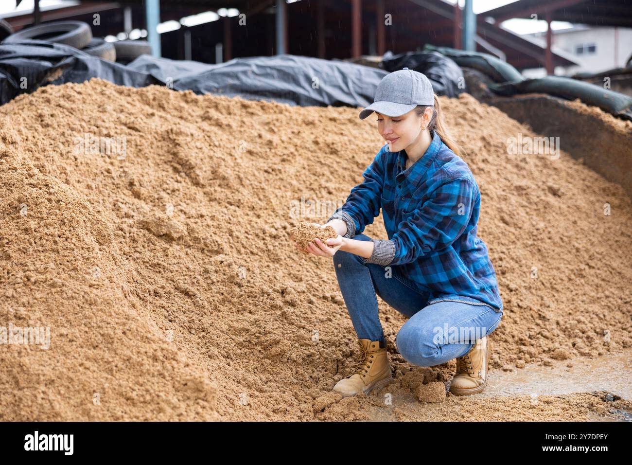 Coltivatore femmina che squatting a mucchio grande di grano esaurito del birwer Foto Stock