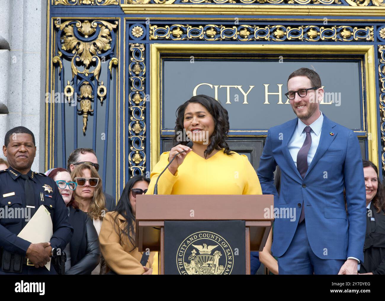 San Francisco, CA - 3 giugno 2024: Il sindaco London Breed parla a una conferenza stampa sulla nuova legislazione per combattere la scherma, la vendita di rubati Go Foto Stock
