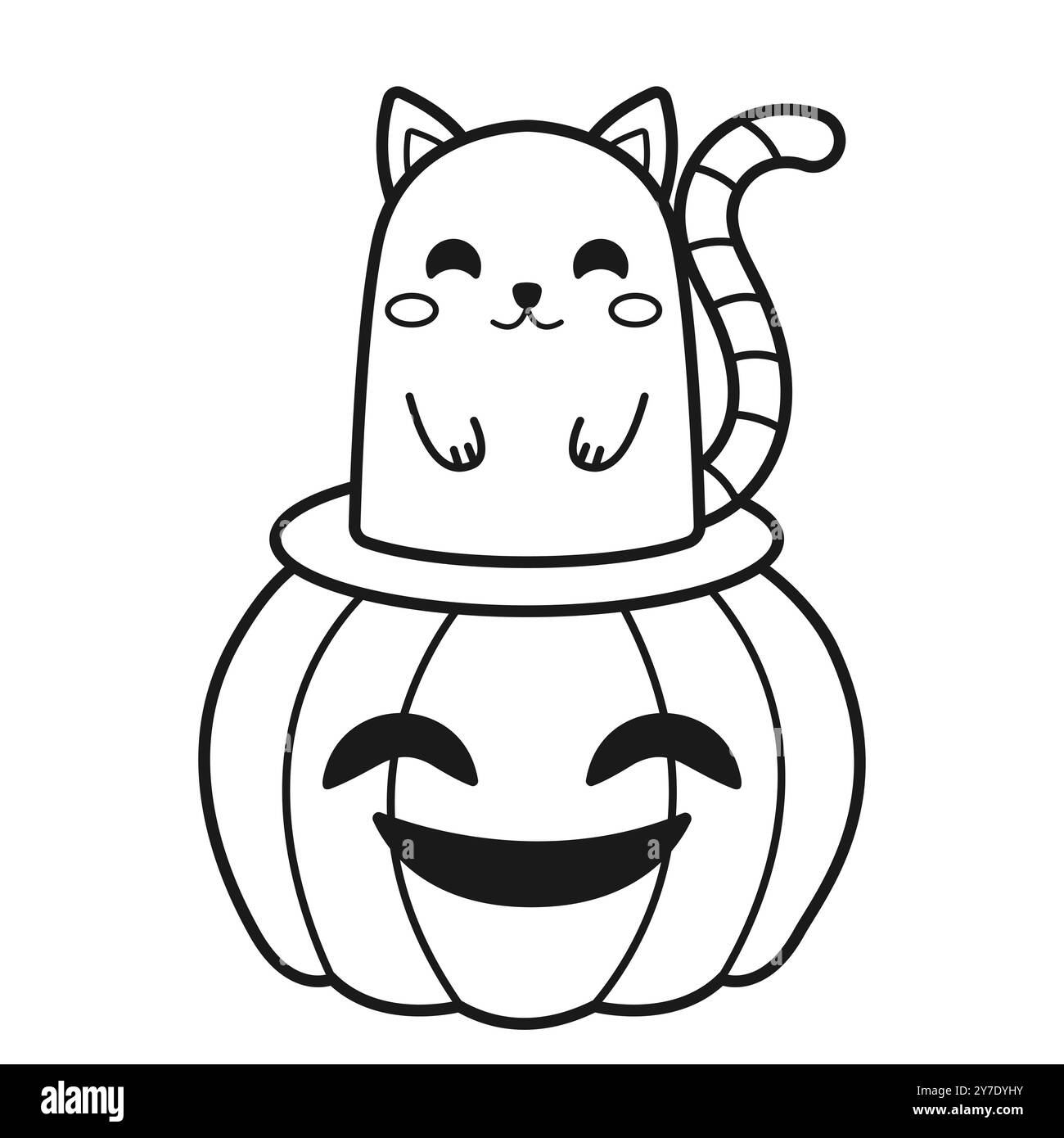 Gatto e zucca carini. Pagina da colorare. Stampa di Halloween. Illustrazione vettoriale. Illustrazione Vettoriale