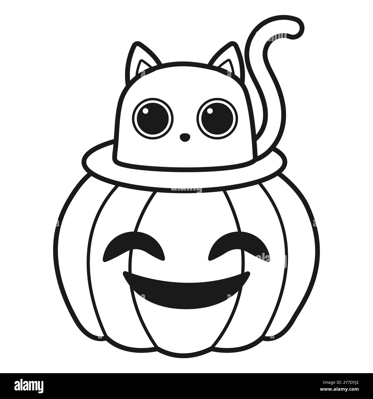 Gatto e zucca carini. Pagina da colorare. Stampa di Halloween. Illustrazione vettoriale. Illustrazione Vettoriale