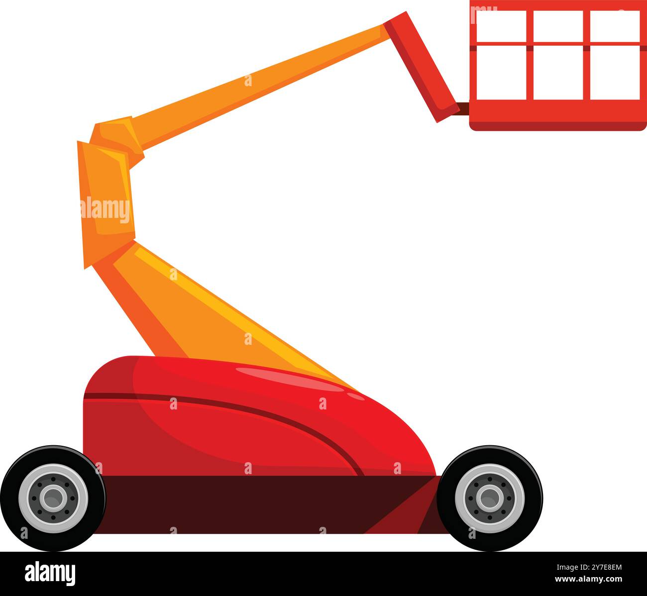 Sollevamento braccio telescopico rosso e giallo con piattaforma operatore vuota su sfondo bianco Illustrazione Vettoriale