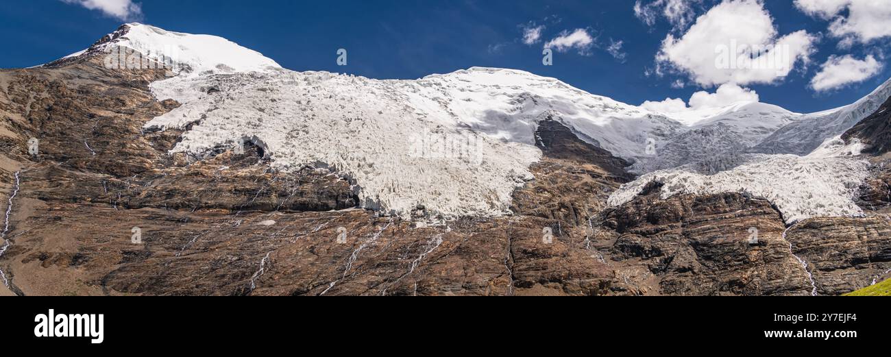 Il monte Togolung alto 6773 m, a sinistra, e il monte Nojin Kangsang alto 7206 m e il ghiacciaio, a destra, sono visibili verso il passo Karo-la nell'Himalaya Lhagoi K Foto Stock