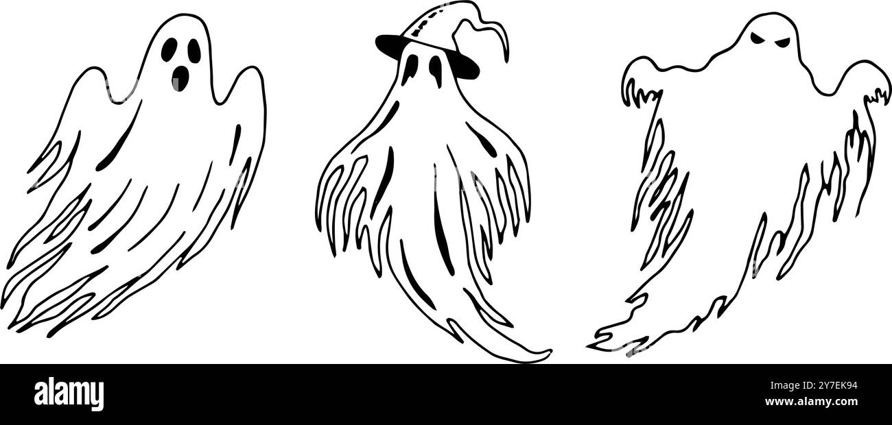 Set di fantasmi spaventosi. Illustrazione grafica di Halloween. Sagoma a linea isolata disegnata a mano. Clipart monocromatico inquietante per una vacanza horror. Magia notturna Illustrazione Vettoriale
