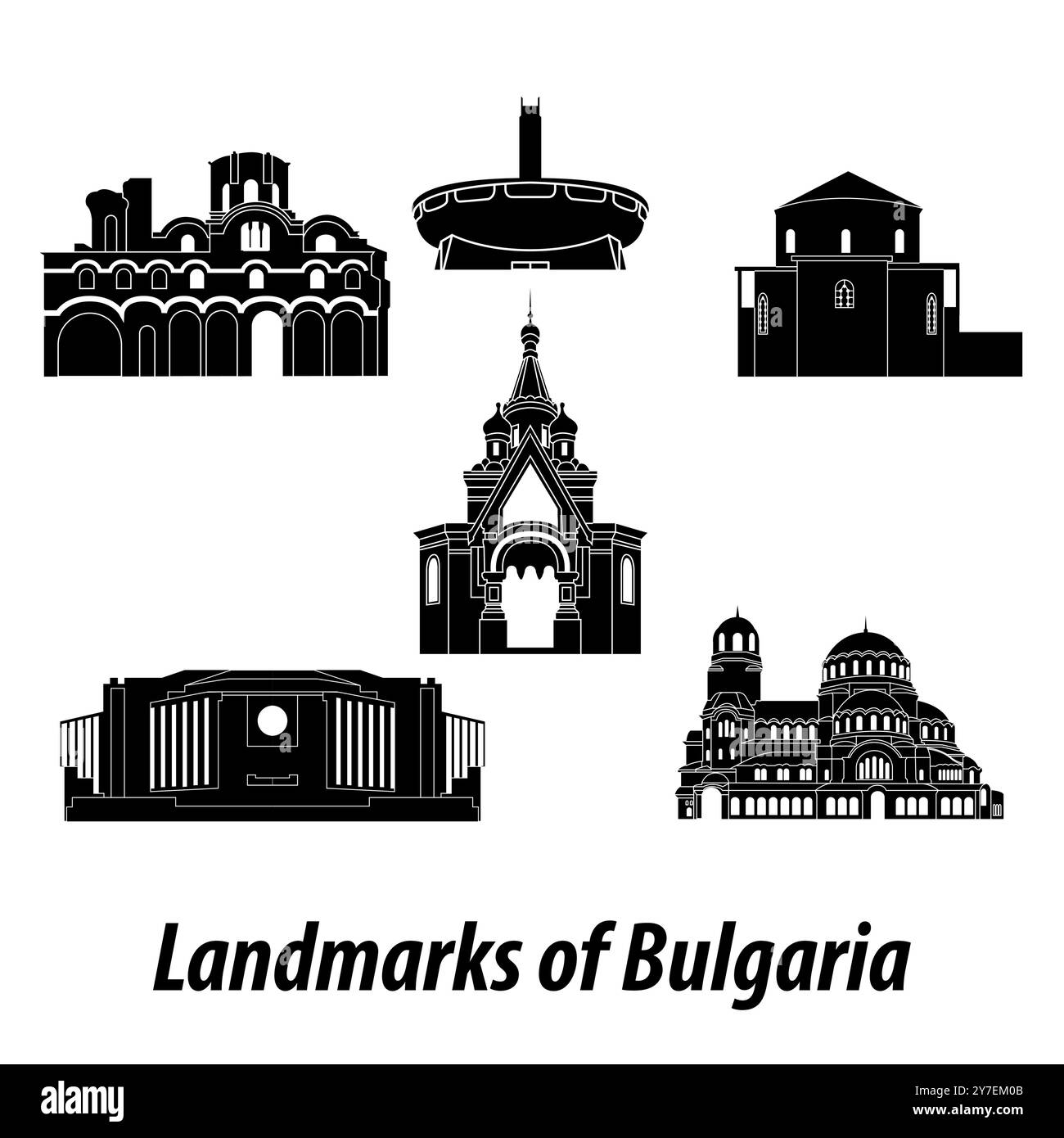 Set di famosi punti di riferimento dello stile di silhouette della Bulgaria con design classico a colori in bianco e nero, illustrazione vettoriale Illustrazione Vettoriale