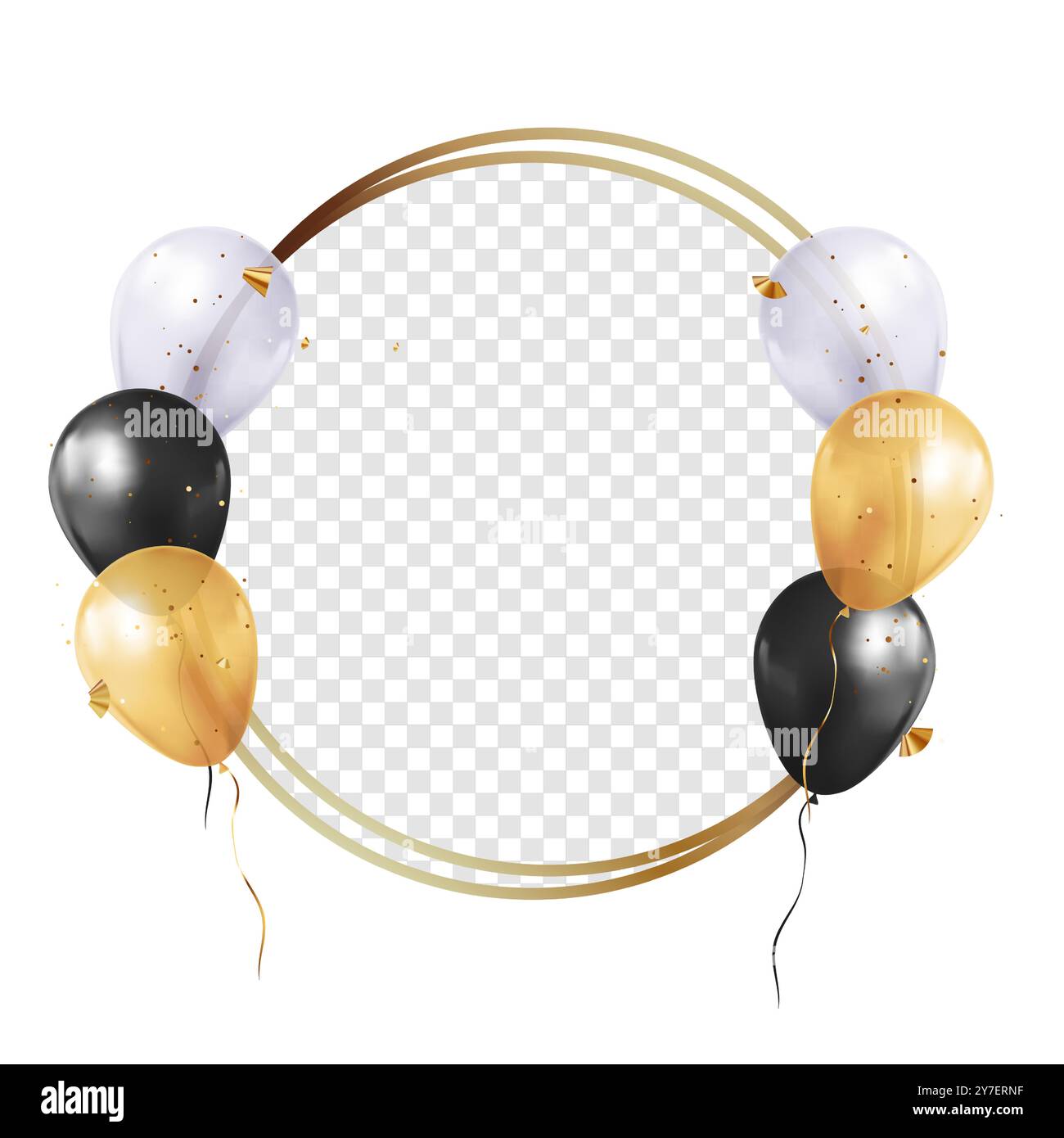 Buon compleanno con la cornice dorata. Cornice di compleanno con palloncini e scintillanti. Cornice per eventi e compleanni. Illustrazione Vettoriale