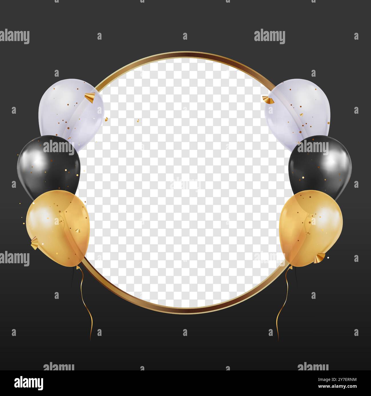 Buon compleanno con la cornice dorata. Cornice di compleanno con palloncini e scintillanti. Cornice per eventi e compleanni. Illustrazione Vettoriale