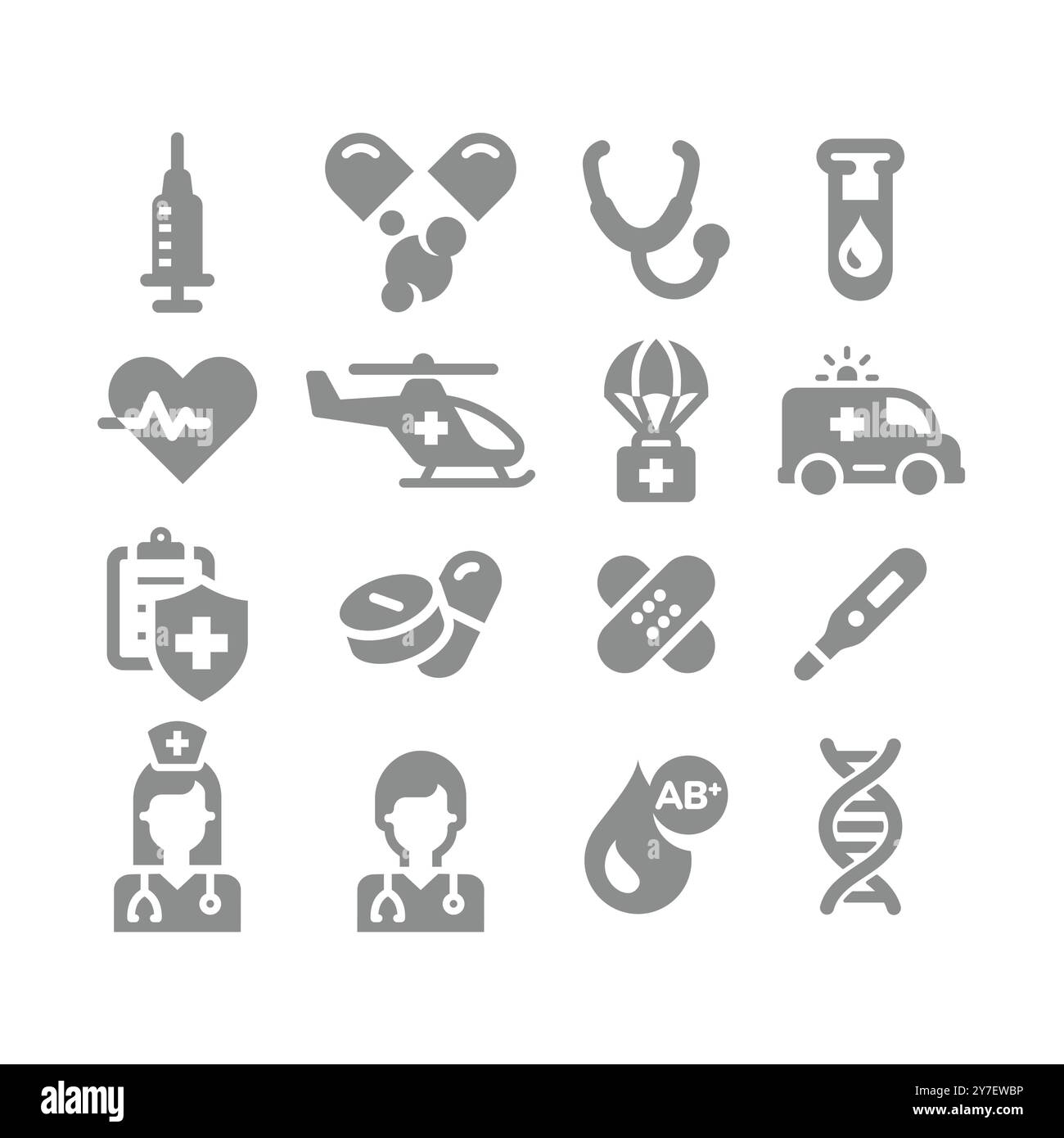 Set di icone di medicina, sanità e vettore medico. Icone di pronto soccorso, farmaco, medico e infermiere. Illustrazione Vettoriale