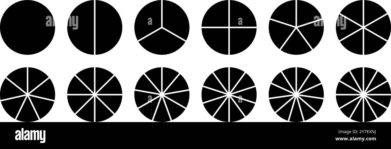 Set di icone infografiche divisione cerchio. Grafico a torta diviso 8,9,10 parti uguali. Schema rotondo della pizza o della ciambella. Segmento e frazione della ruota infografica Illustrazione Vettoriale