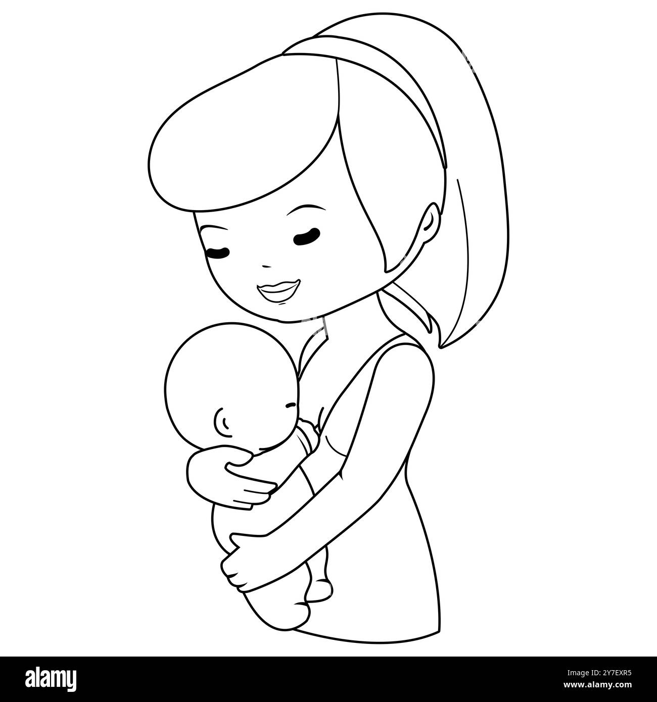 Madre che allatta il suo bambino. Mamma che allatta il suo neonato. Pagina da colorare in bianco e nero Foto Stock